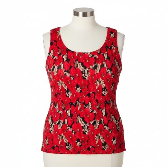 Notations Red Floral Fall Leaf Crinkly Plisse Stretchy Sleeveless Tank Top Sz 1X - Picture 5 of 12
